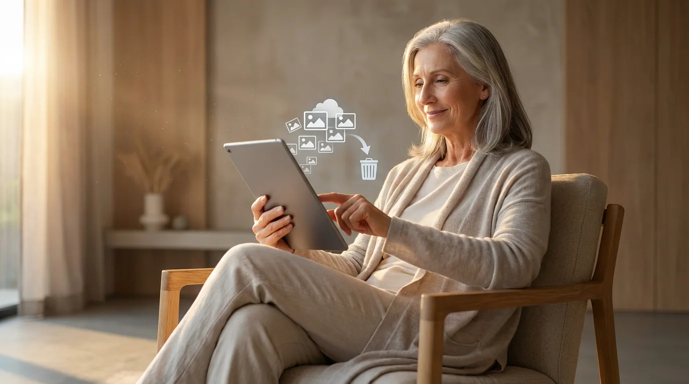Older woman sitting in an armchair, deleting digital files from a tablet at sunset.