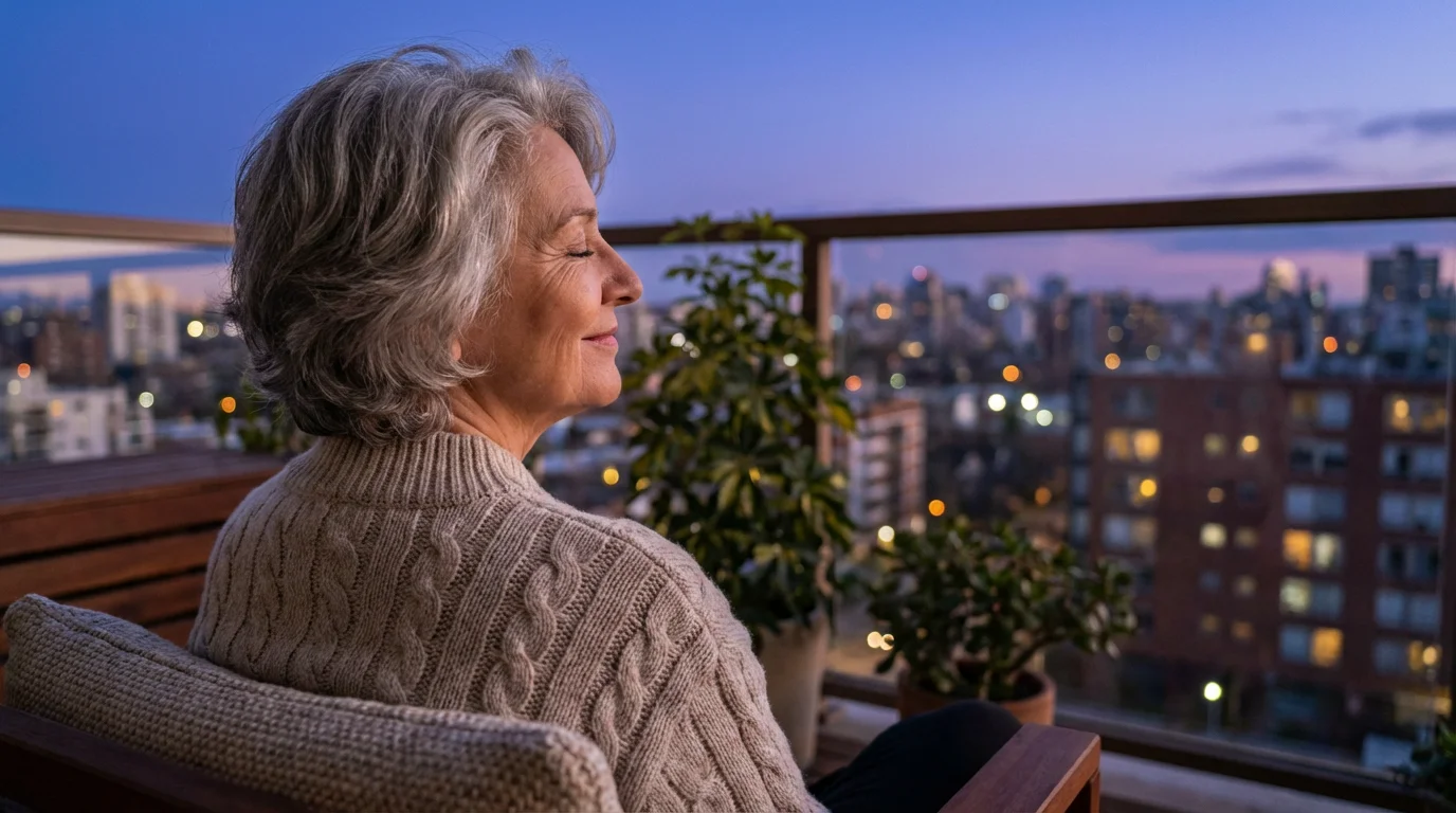 Over-the-shoulder photo of a senior woman meditating on a city balcony at blue hour.