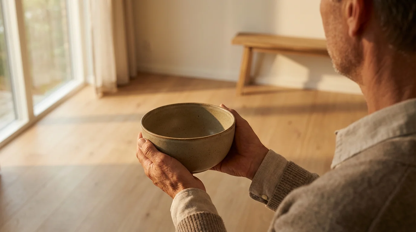 Over-the-shoulder shot of a person's hands holding a ceramic bowl in a sunlit room.