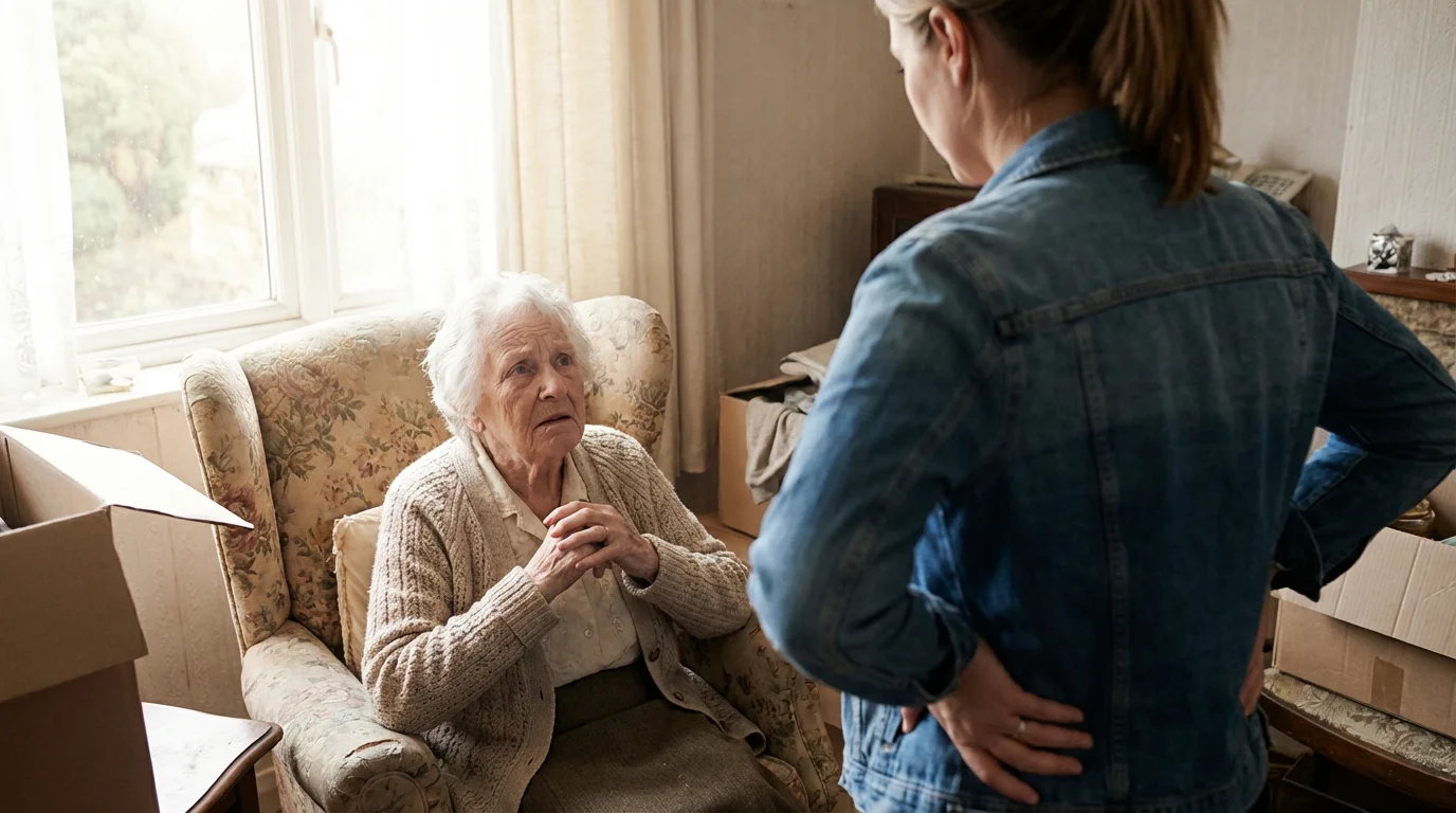 Over-the-shoulder view of a daughter and mother disagreeing over an old armchair during downsizing.