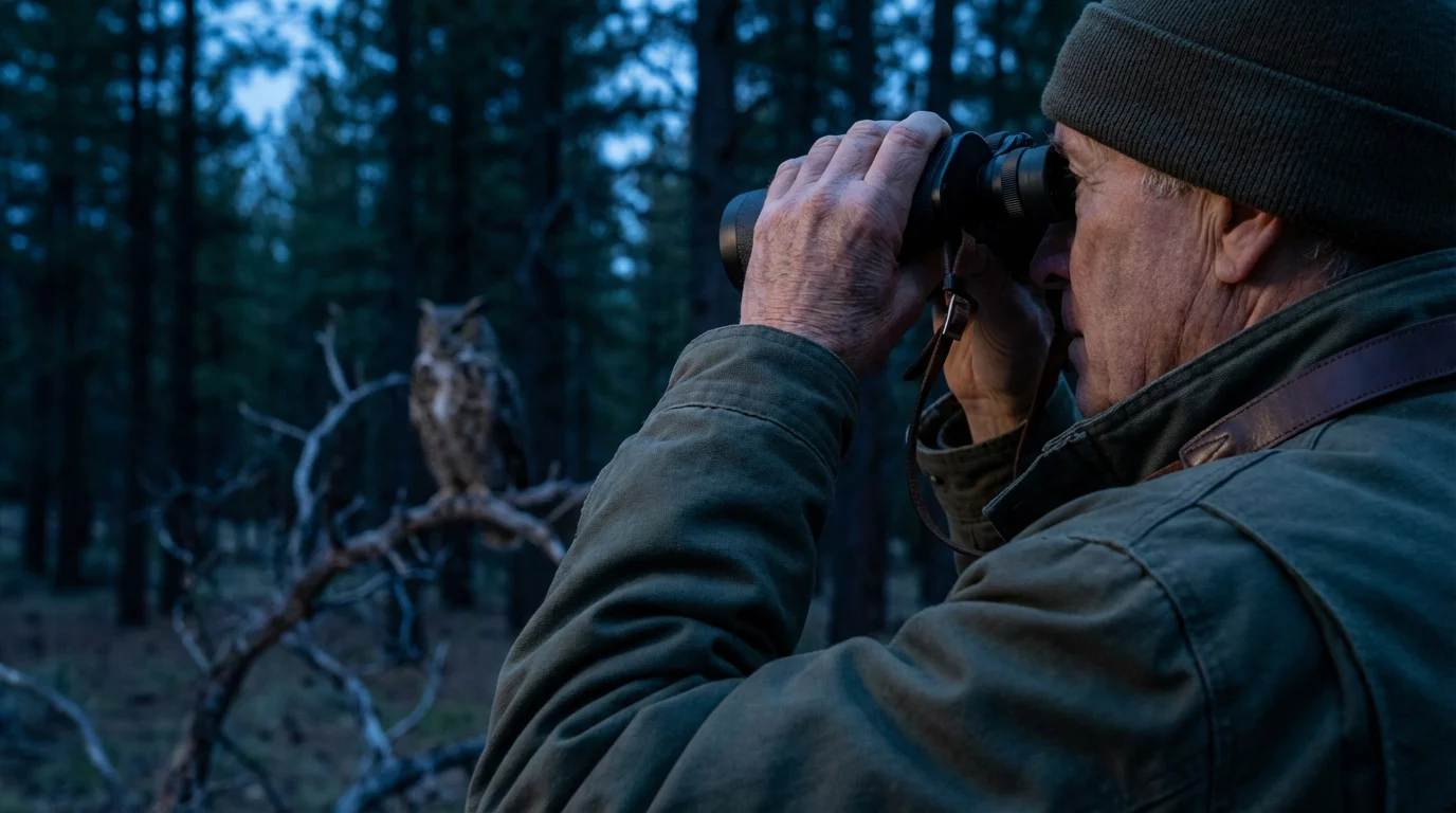 Over-the-shoulder view of a man birdwatching an owl with binoculars in a forest at twilight.
