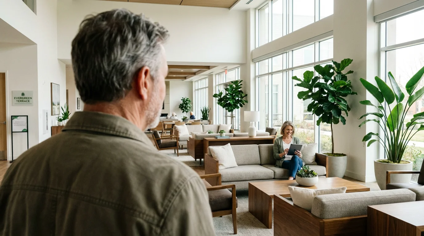 Over-the-shoulder view of a man looking into a bright, modern senior community lounge.