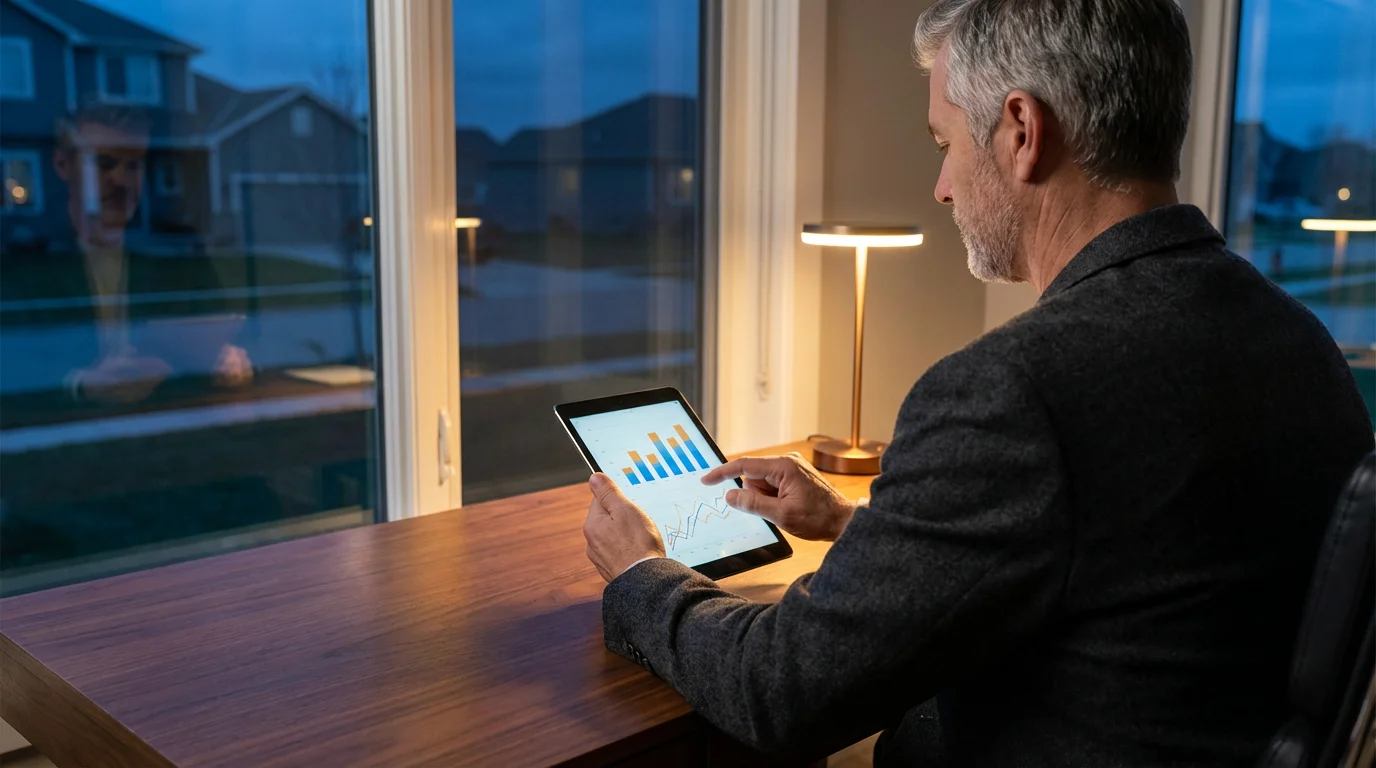Over-the-shoulder view of a man researching long-term care policy options on a tablet.
