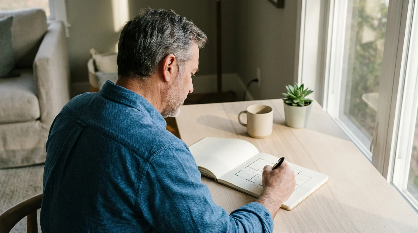 Over-the-shoulder view of a man sketching a room plan at a sunny, organized desk.