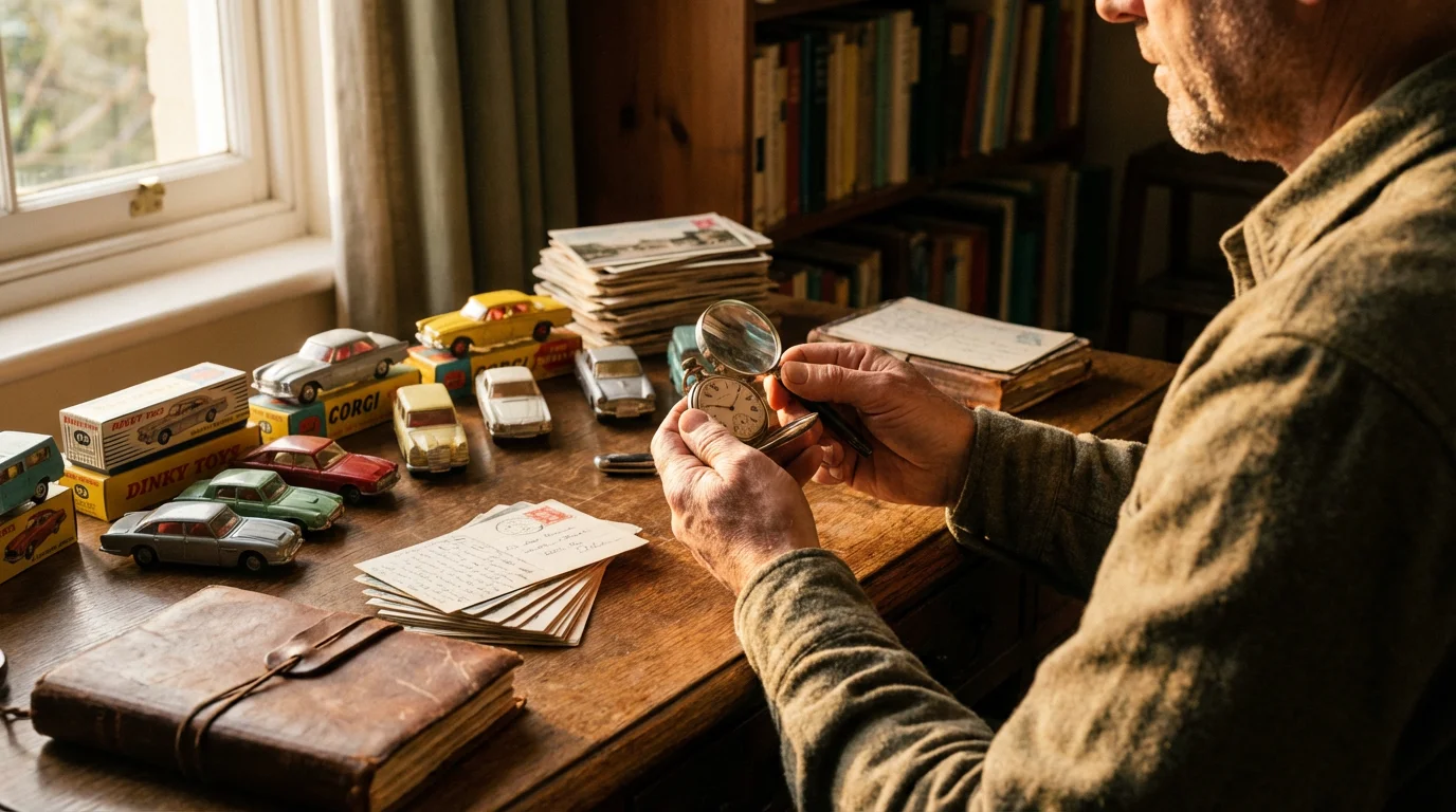 Over-the-shoulder view of a man sorting antique collectibles on a desk during golden hour.