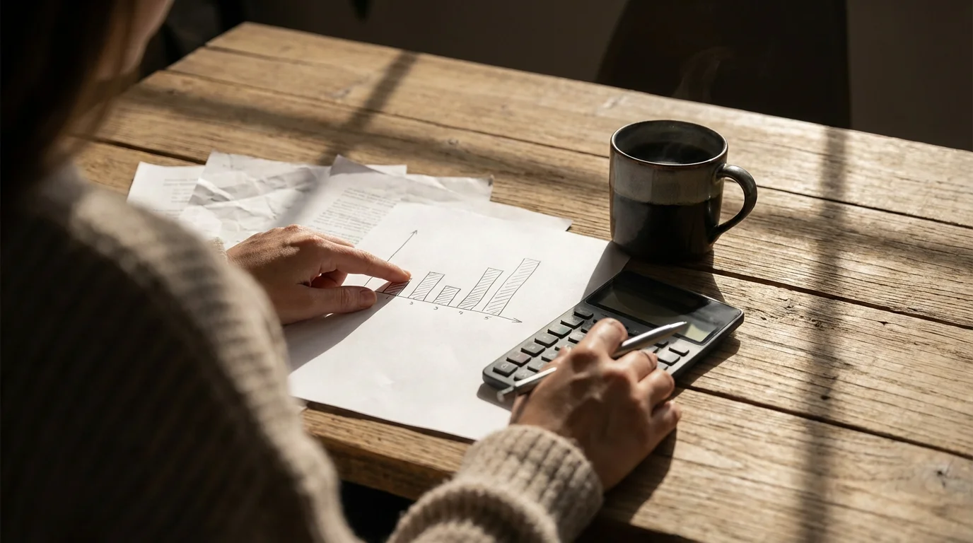 Over-the-shoulder view of a person at a desk assessing papers with financial charts.