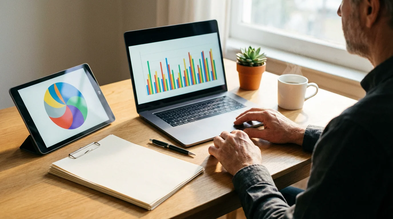 Over-the-shoulder view of a person at a desk planning a budget with charts.