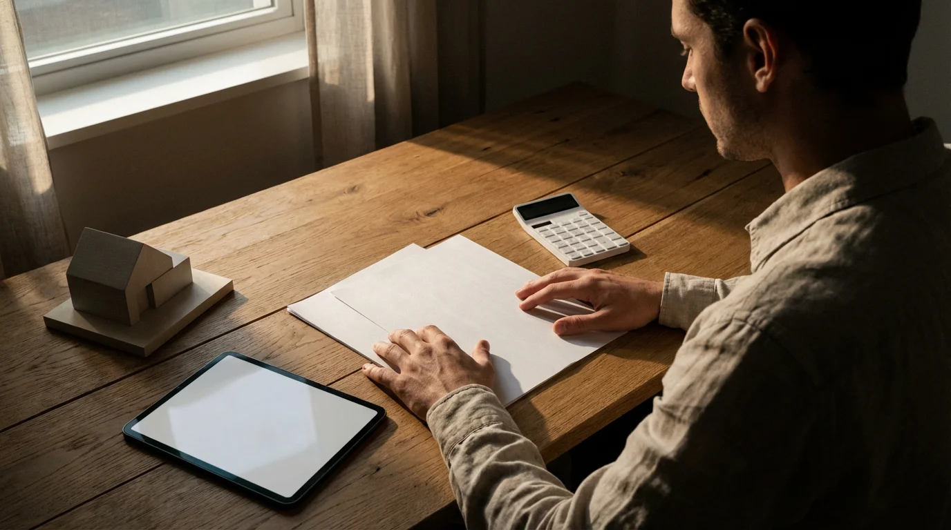 Over-the-shoulder view of a person at a desk reviewing papers, symbolizing HOA fee analysis.