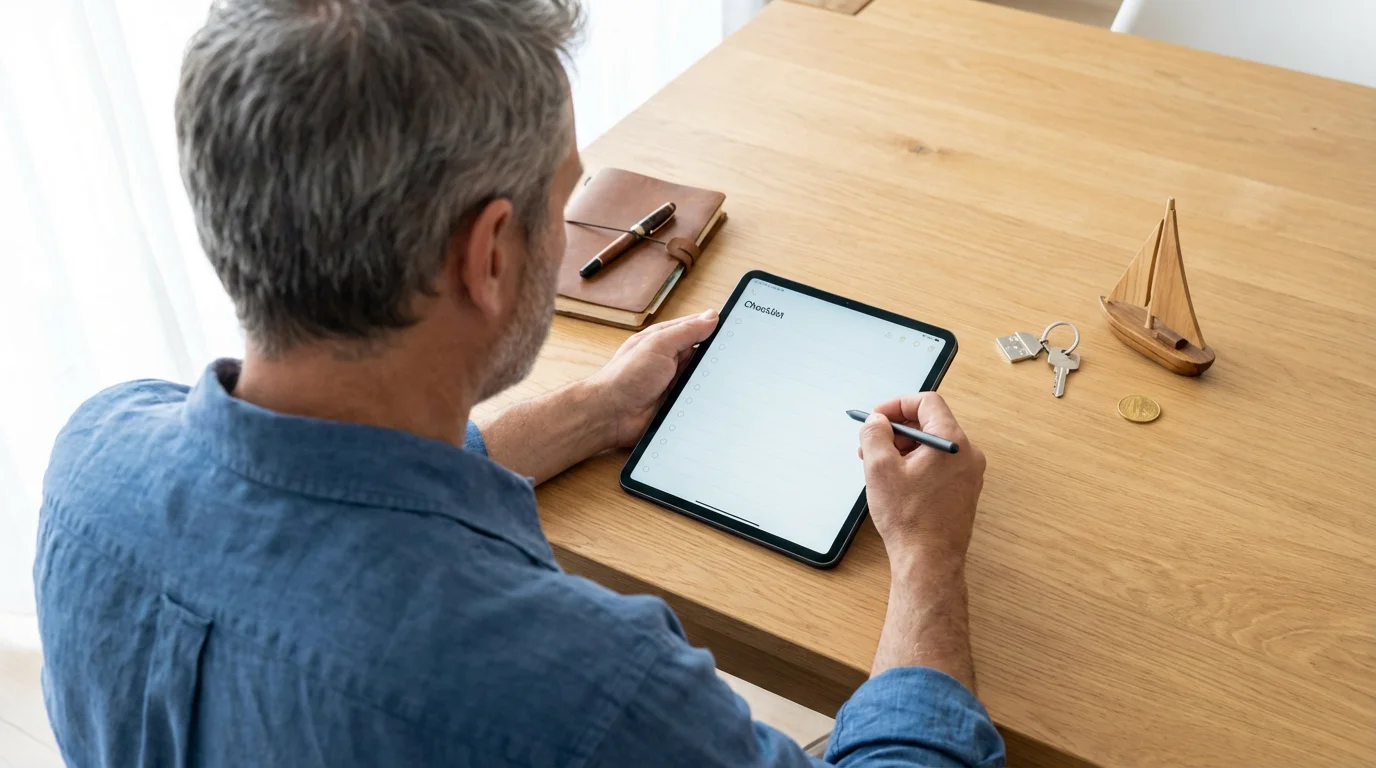 Over-the-shoulder view of a person inventorying symbolic assets on a table for estate planning.