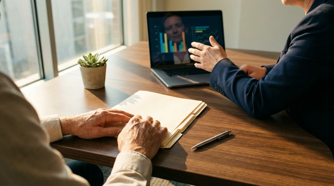 Over-the-shoulder view of a person meeting with a financial professional in a modern office.