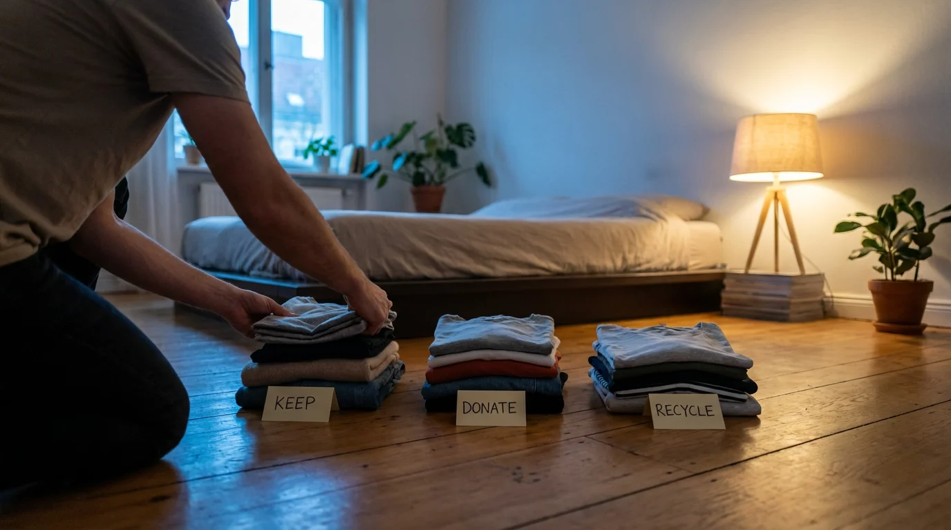 Over-the-shoulder view of a person sorting clothes into organized piles on a bedroom floor.
