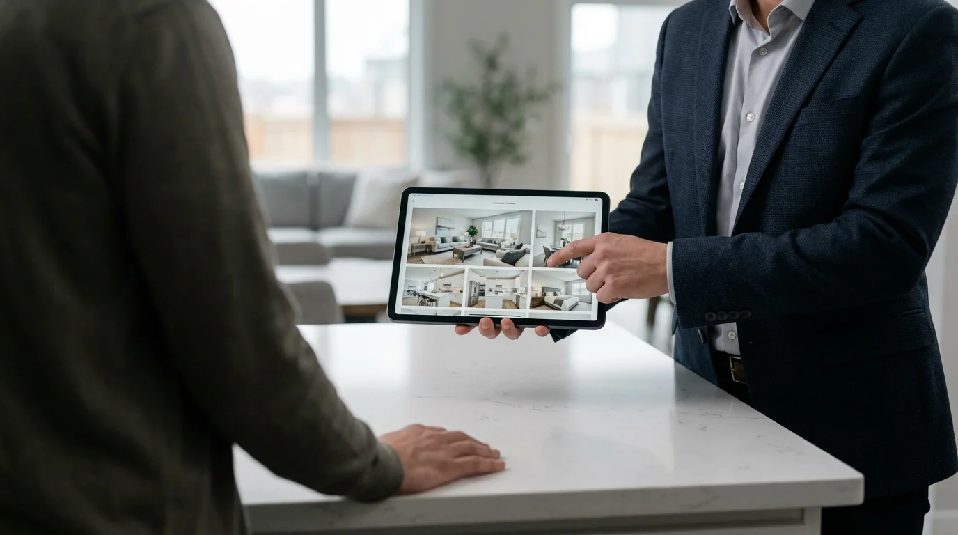 Over-the-shoulder view of a real estate agent showing property photos on a tablet to a homeowner.