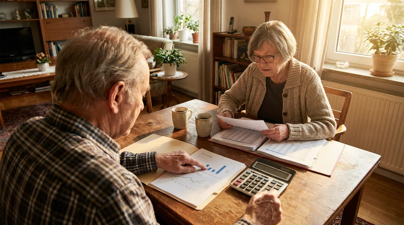 Over-the-shoulder view of a senior couple reviewing financial documents at a sunlit dining table.
