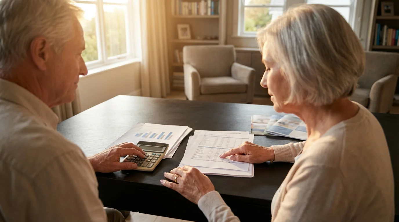 Over-the-shoulder view of a senior couple at a desk reviewing financial documents at sunset.