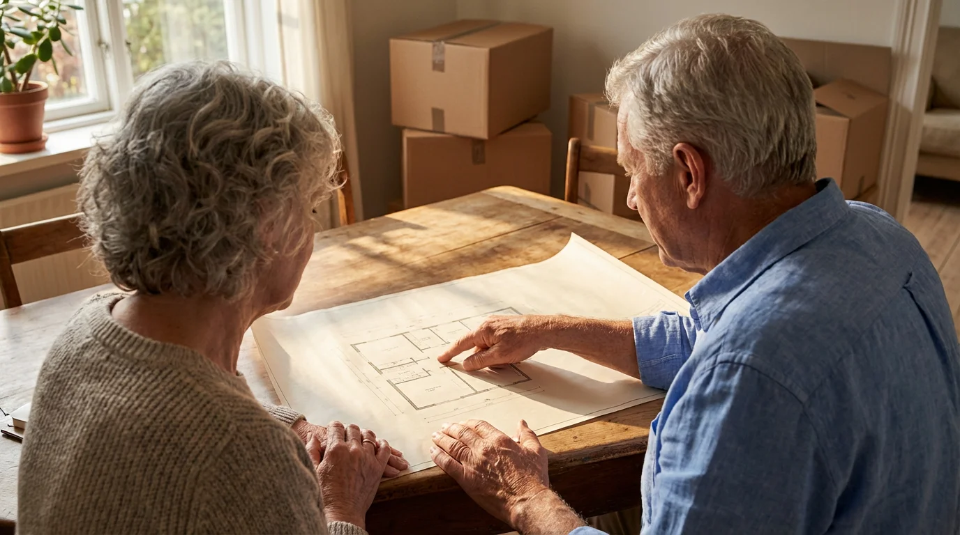 Over-the-shoulder view of a senior couple studying a floor plan at a table.