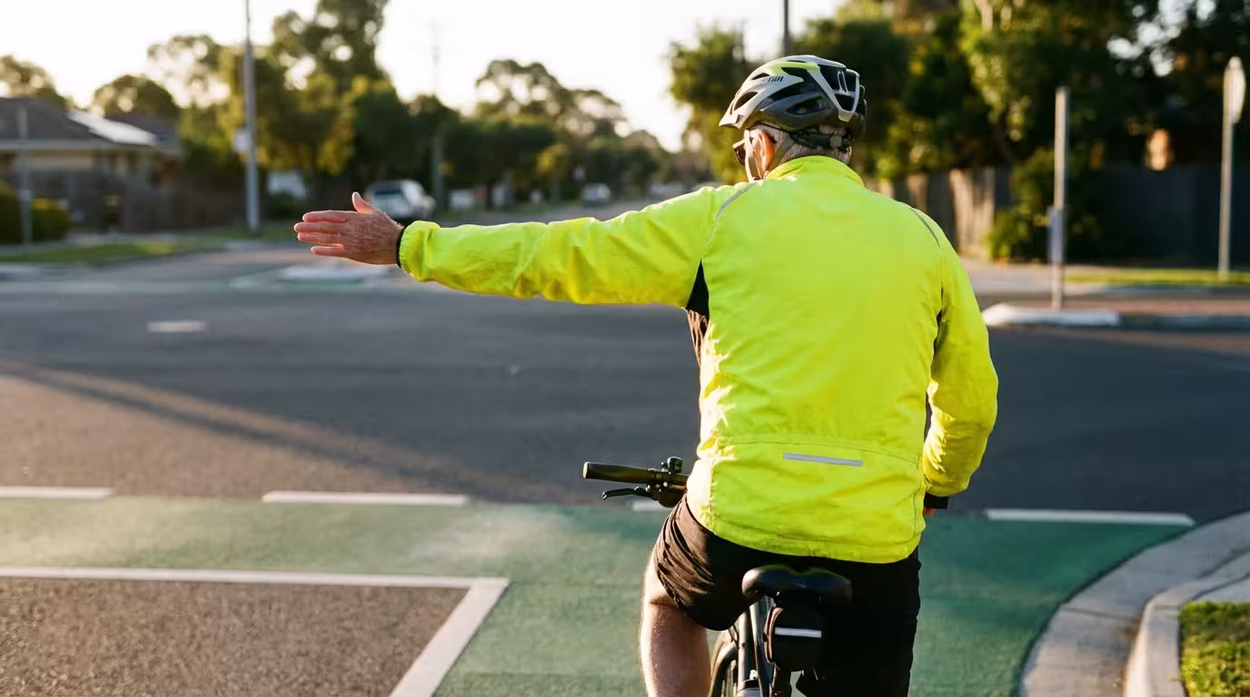 Over-the-shoulder view of a senior cyclist in a yellow jacket using a hand signal.
