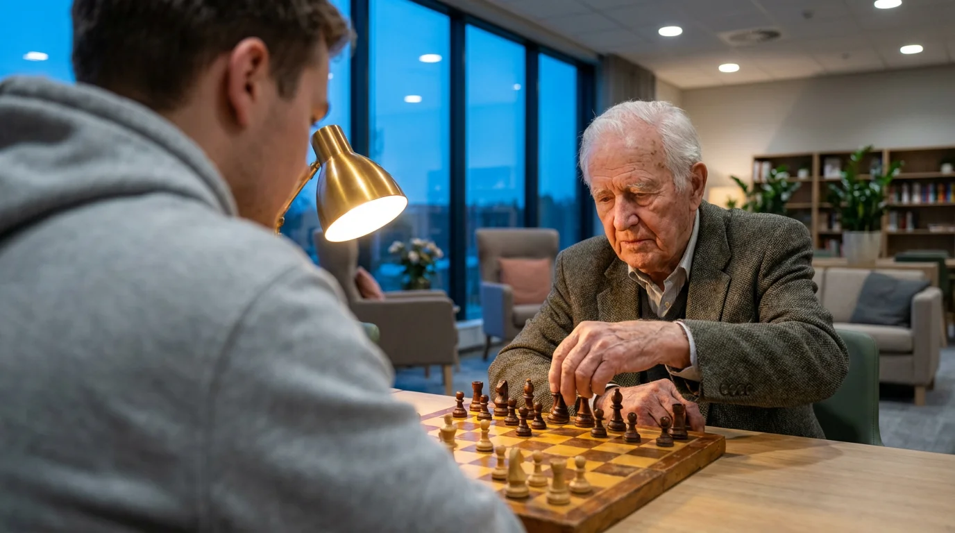 Over-the-shoulder view of a senior man and a young adult playing chess together.