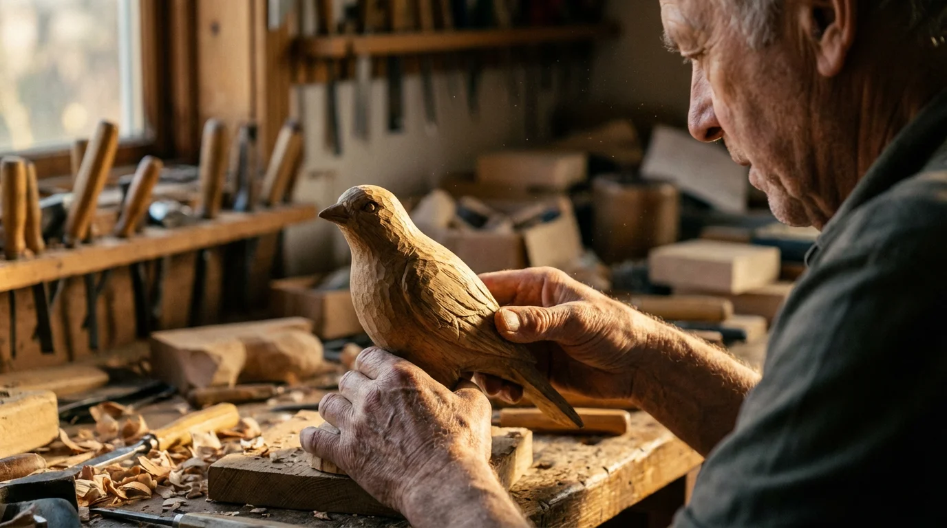 Over-the-shoulder view of a senior man in his workshop examining a wooden craft project.