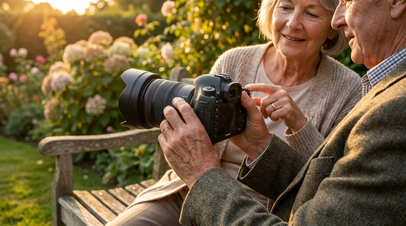 Over-the-shoulder view of a senior man learning to use a DSLR camera outdoors.