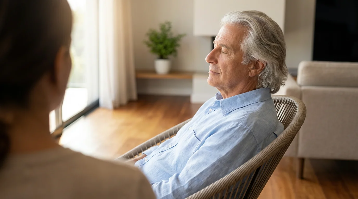 Over-the-shoulder view of a senior man meditating peacefully in a chair near a window.