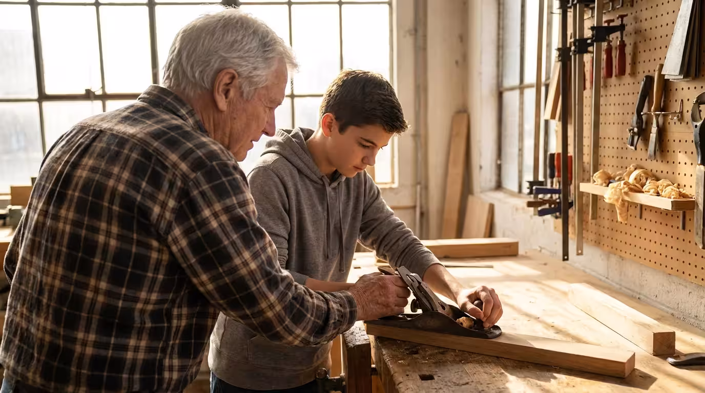 Over-the-shoulder view of a senior man mentoring a teenager in a woodworking workshop.