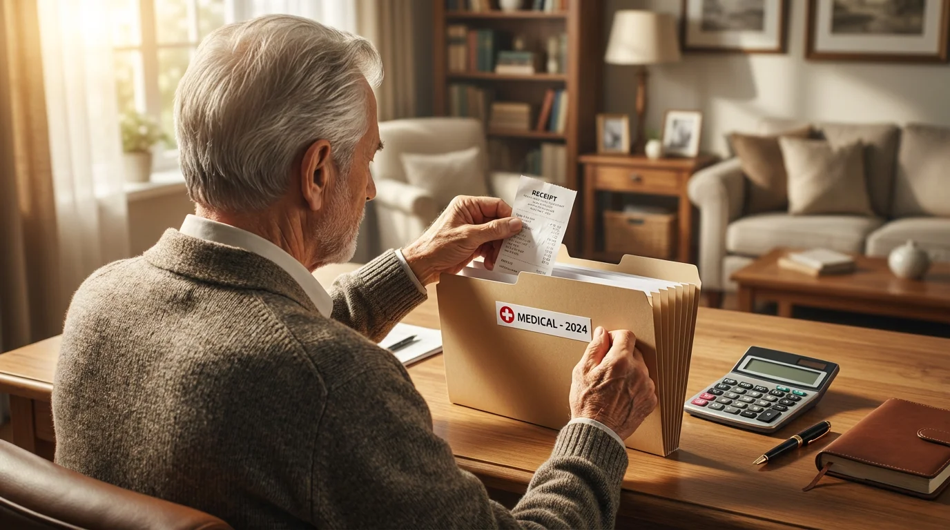 Over-the-shoulder view of a senior man organizing medical receipts for tax purposes at desk.