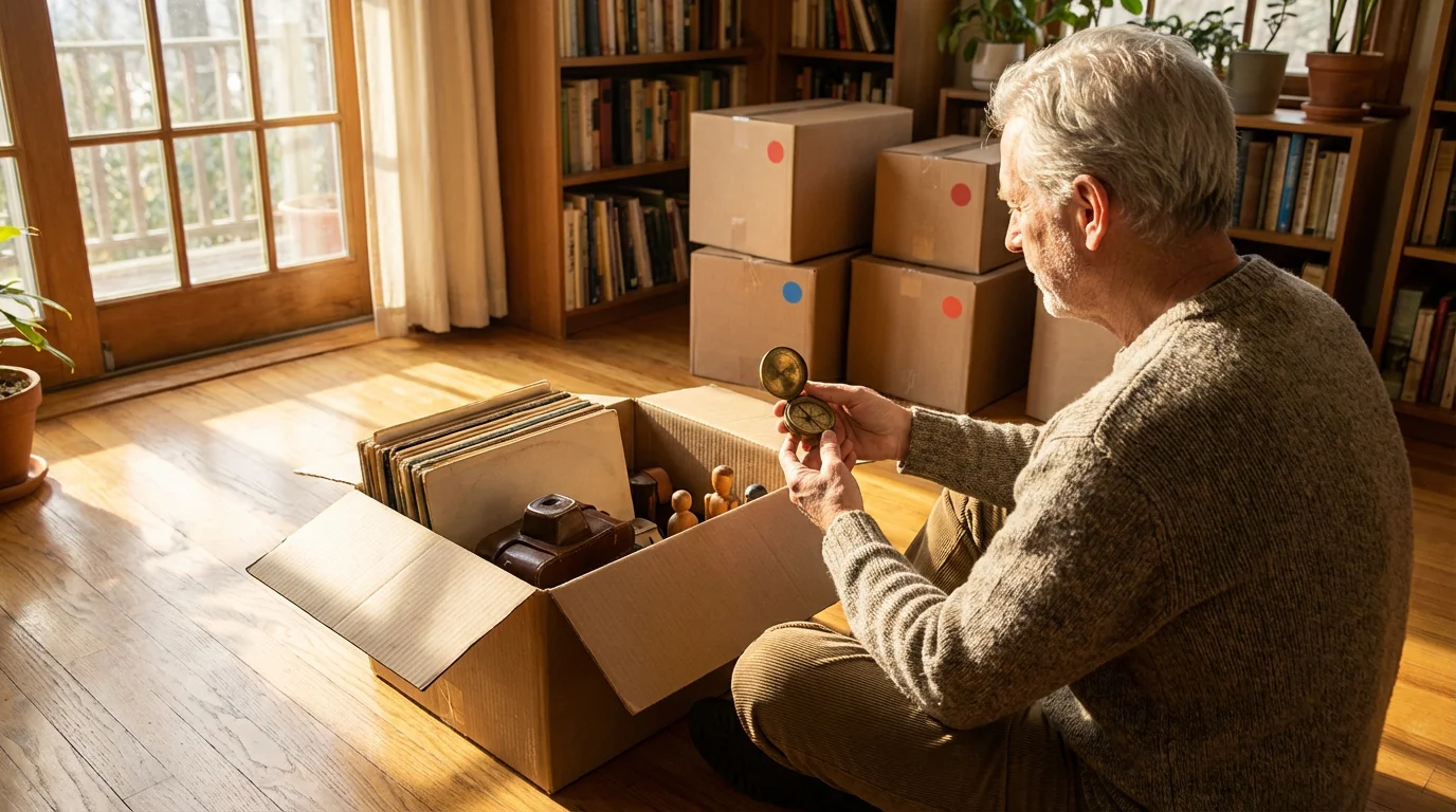 Over-the-shoulder view of a senior man sorting through a box of personal belongings.