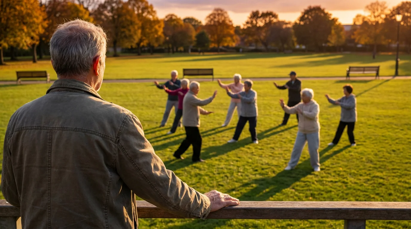 Over-the-shoulder view of a senior man watching a group Tai Chi class in a park at sunset.