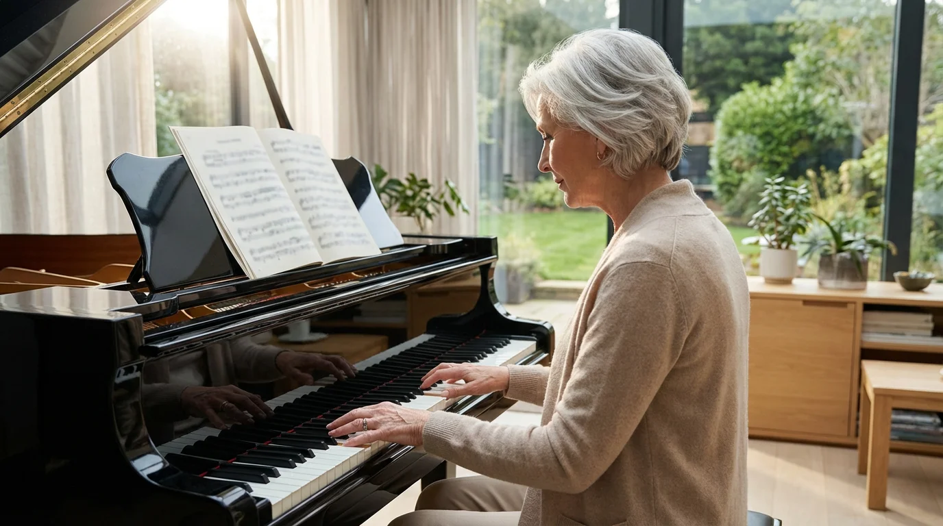 Over-the-shoulder view of a senior woman learning to play the piano at home.