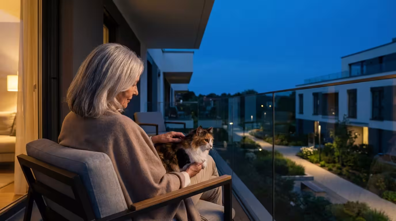 Over-the-shoulder view of a senior woman petting her cat on a balcony at dusk.