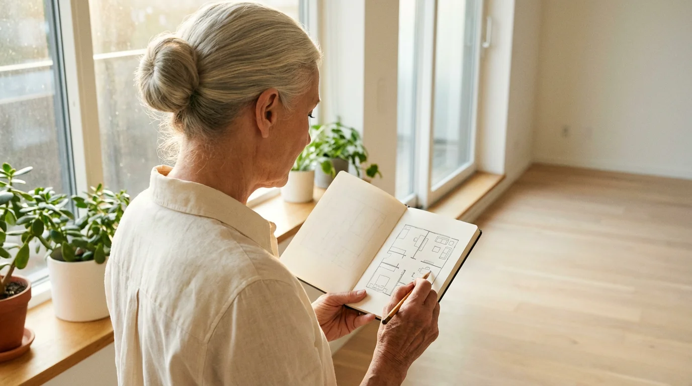 Over-the-shoulder view of a senior woman sketching a new apartment layout in morning light.