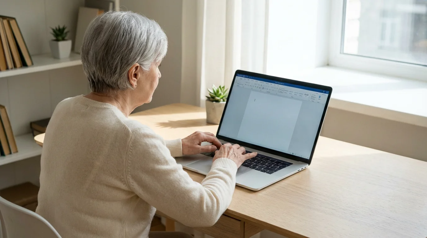 Over-the-shoulder view of a senior woman at a desk facing a blank laptop screen.