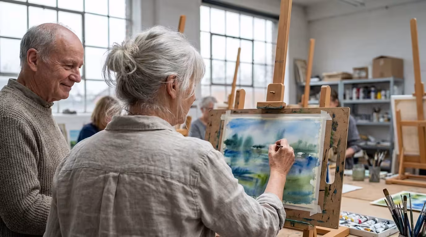Over-the-shoulder view of a senior woman painting watercolors in a community art class.