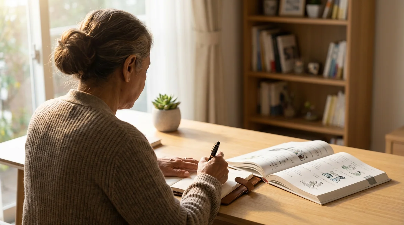 Over-the-shoulder view of a senior woman studying a new language at a sunny desk.