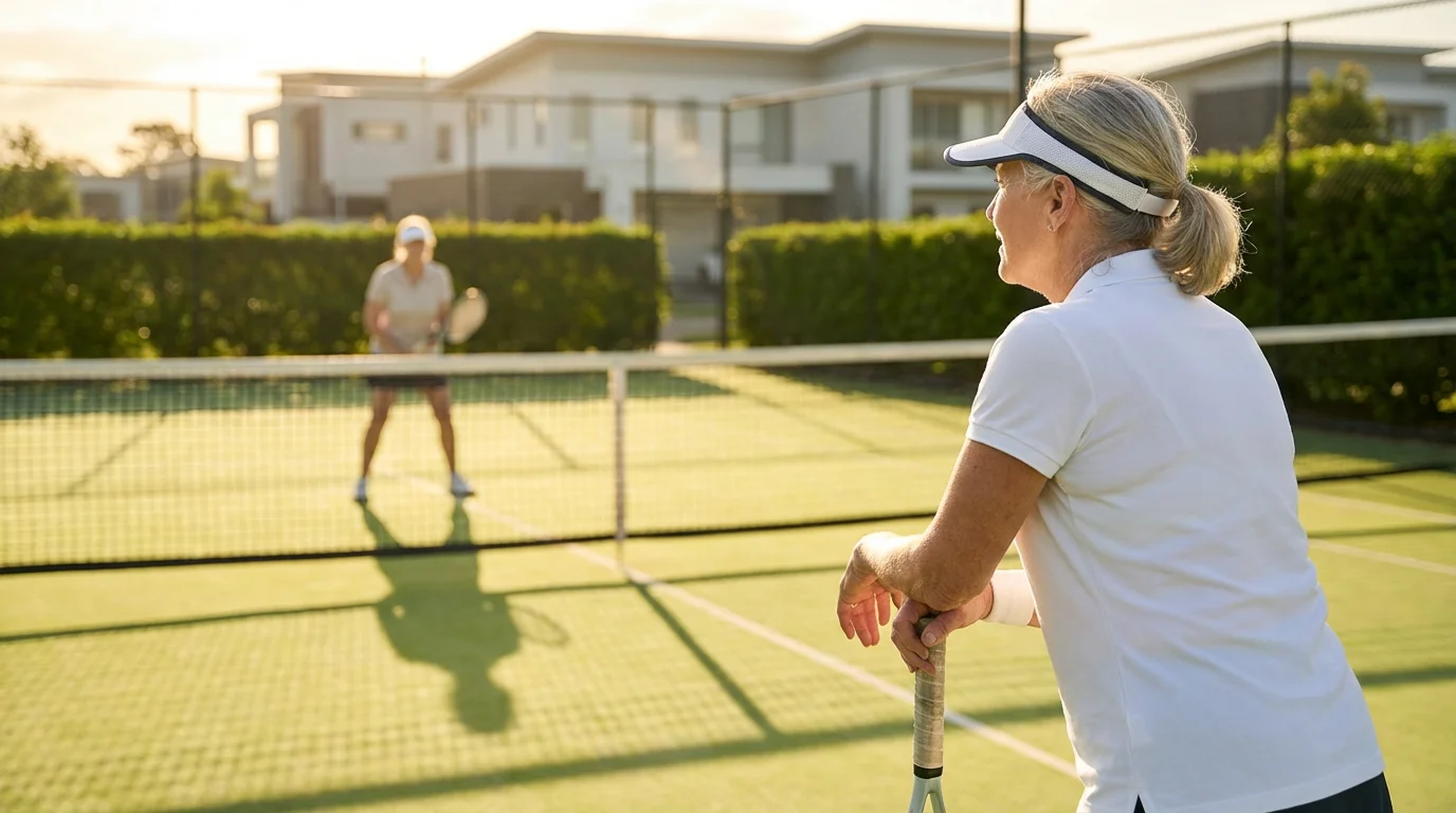 Over-the-shoulder view of a senior woman smiling on a sunny community tennis court.