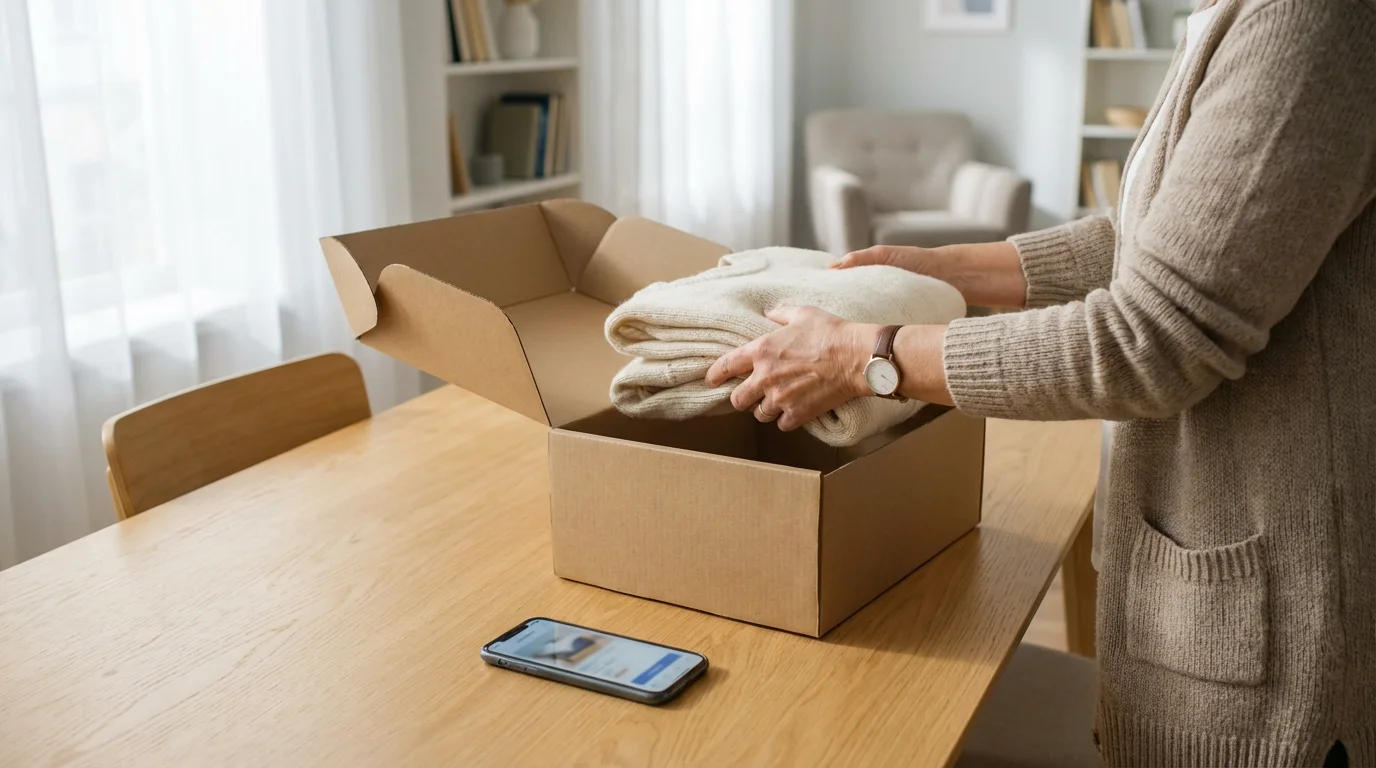 Over-the-shoulder view of a woman carefully packing folded clothes into a cardboard shipping box.