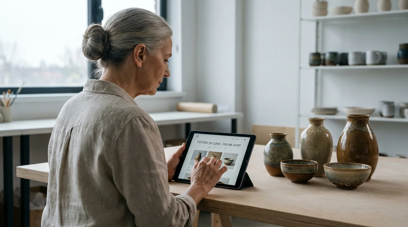 Over-the-shoulder view of a woman in her 60s managing her pottery business on a tablet.