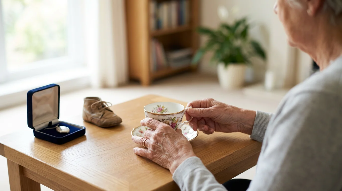 Over-the-shoulder view of a woman's hands holding a porcelain teacup beside family heirlooms.
