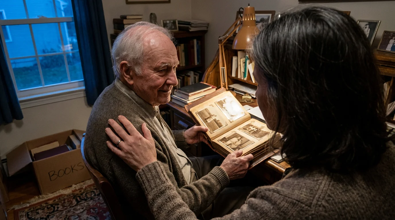 Over-the-shoulder view of an adult daughter comforting her elderly father looking at photos.