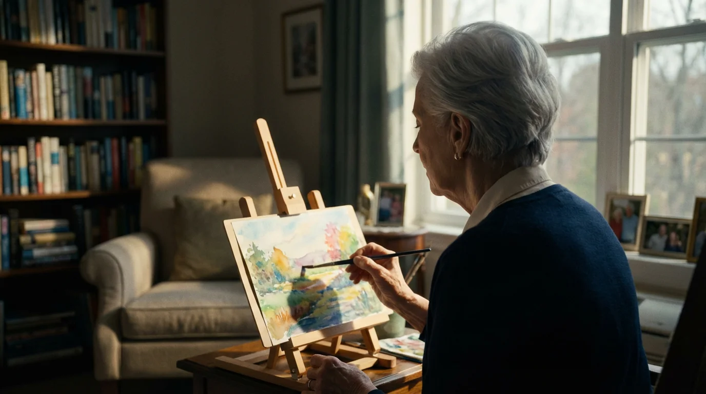 Over-the-shoulder view of an elderly woman painting a watercolor in her sunlit apartment.