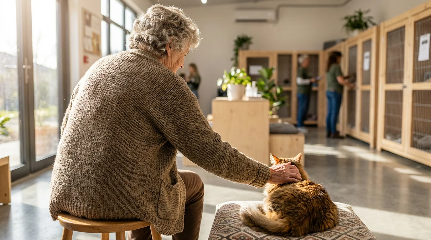 Over-the-shoulder view of an elderly woman volunteer petting a cat in a sunlit shelter.
