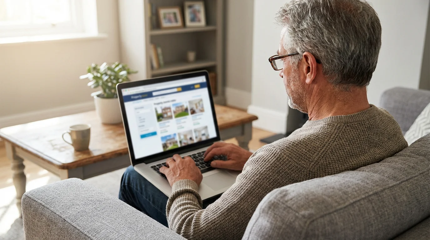 Over-the-shoulder view of an older man on a sofa searching for senior apartments online.