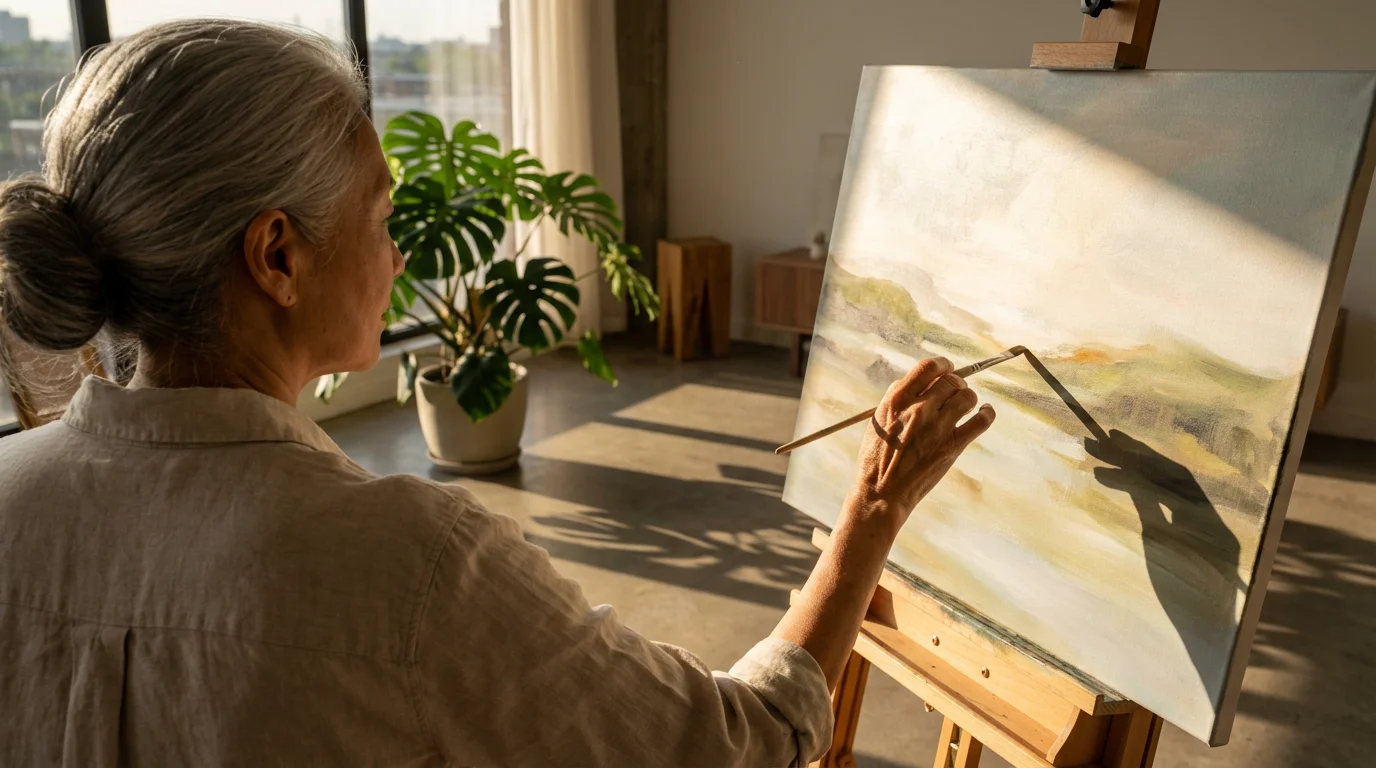 Over-the-shoulder view of an older woman painting on a canvas in her sunlit home.