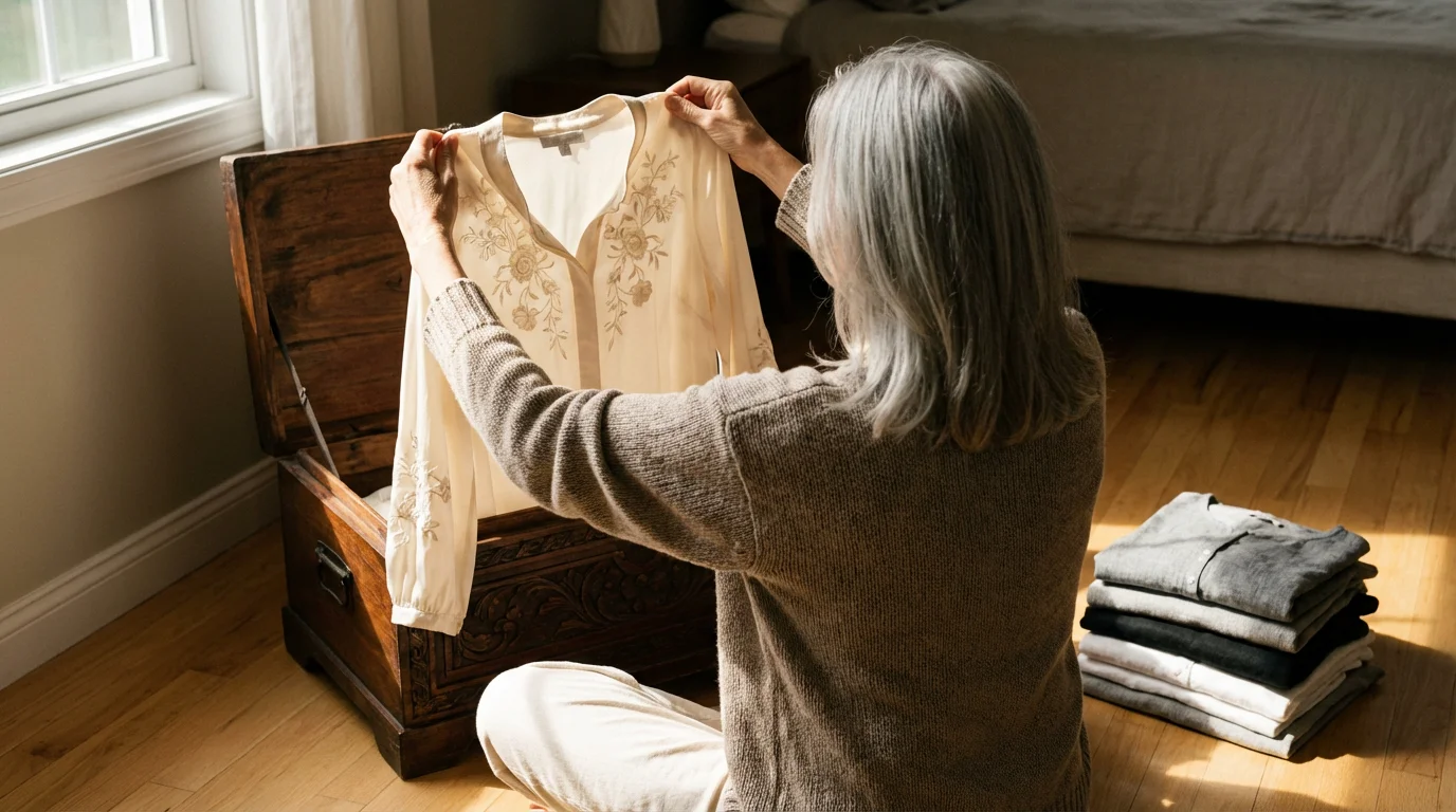 Over-the-shoulder view of an older woman holding a sentimental vintage silk blouse.