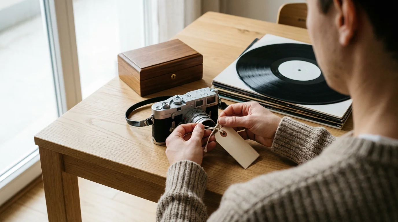 Over-the-shoulder view of hands putting a blank price tag on a vintage camera.