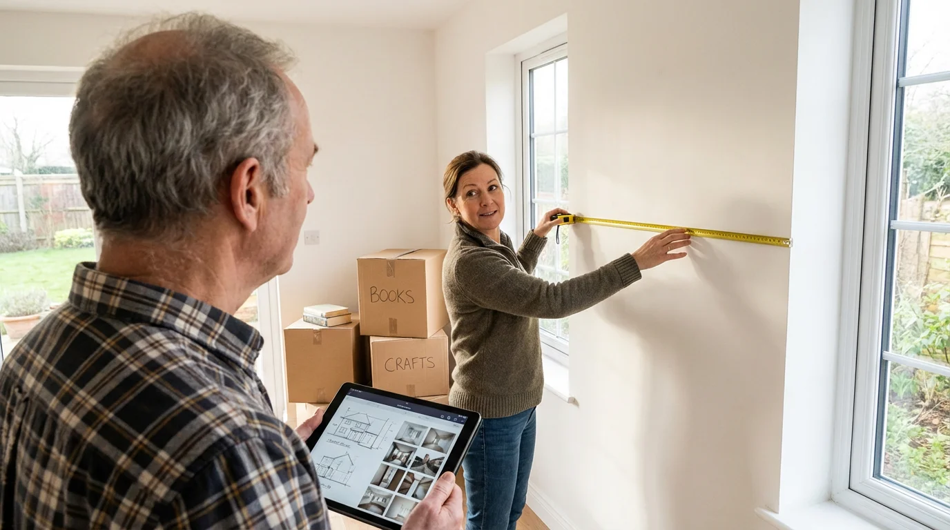 Over-the-shoulder view of senior couple measuring a wall to repurpose a spare room.