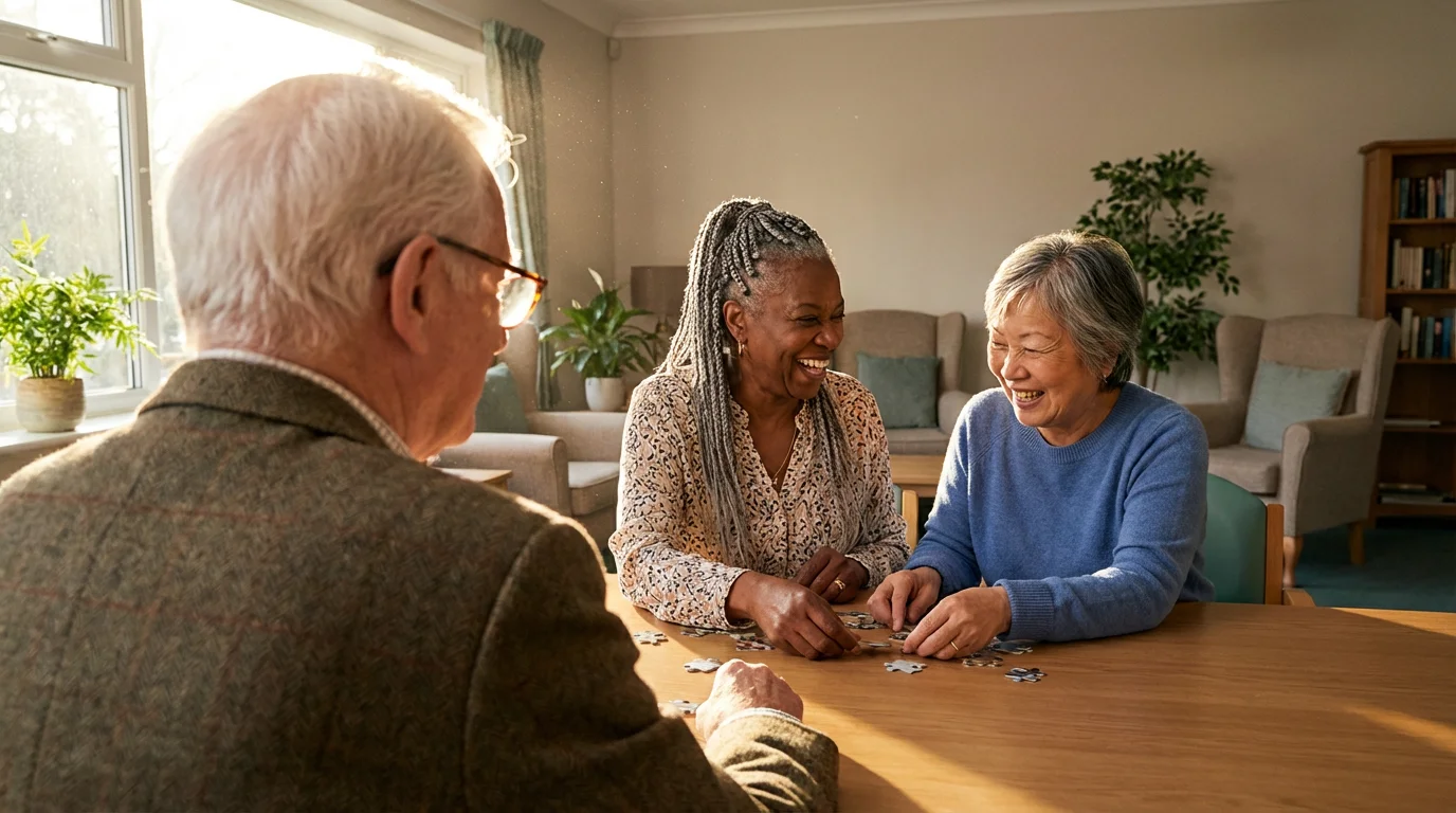 Over-the-shoulder view of seniors laughing and working together on a jigsaw puzzle.