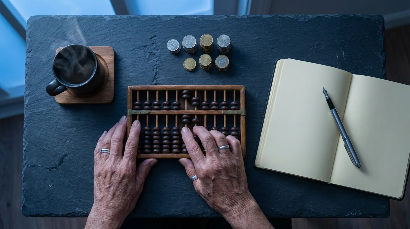 Overhead flat lay of hands using an abacus for retirement budgeting on a desk.
