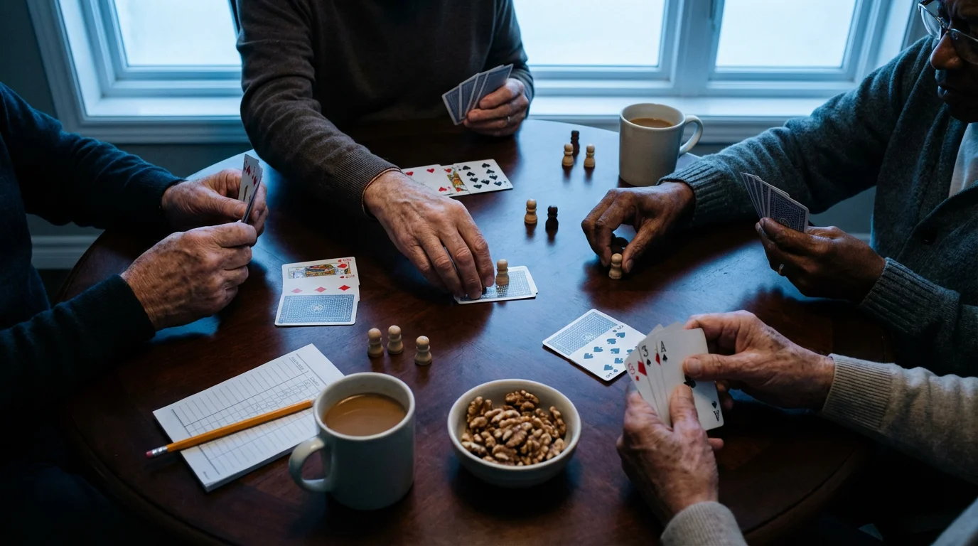 Overhead flat lay of seniors' hands playing a card game at a table.