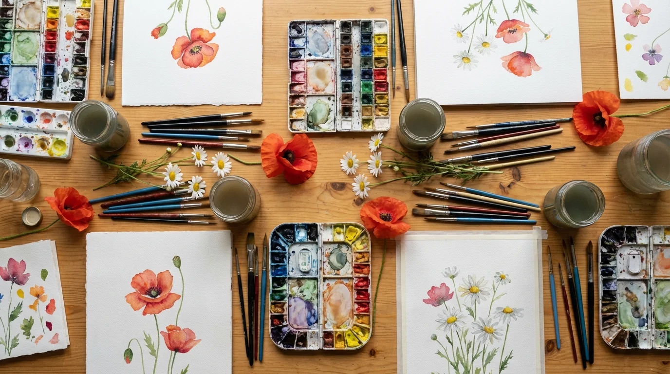 Overhead flat lay of watercolor painting supplies and floral paintings on a wooden table.